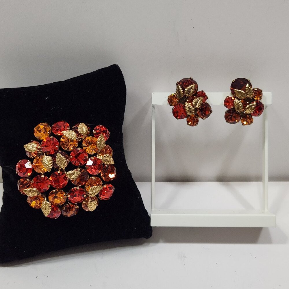 Vintage Austrian Crystal Domed Cluster Brooch and Clip Earrings Hues of Oranges